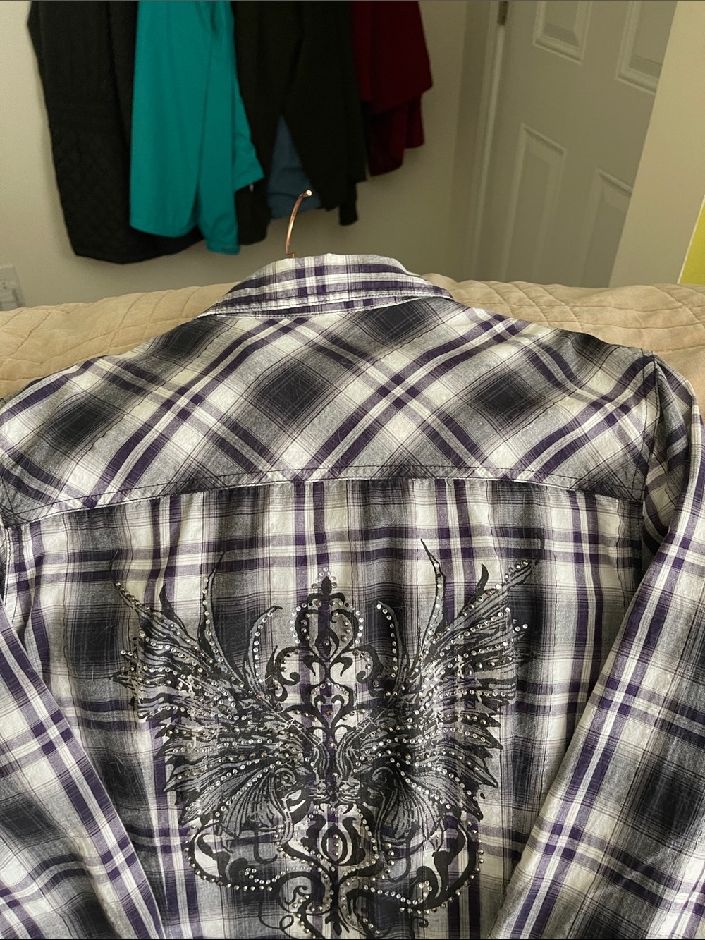 Cato Black, White & Purple Plaid Button-Up Blouse with beautiful accents.